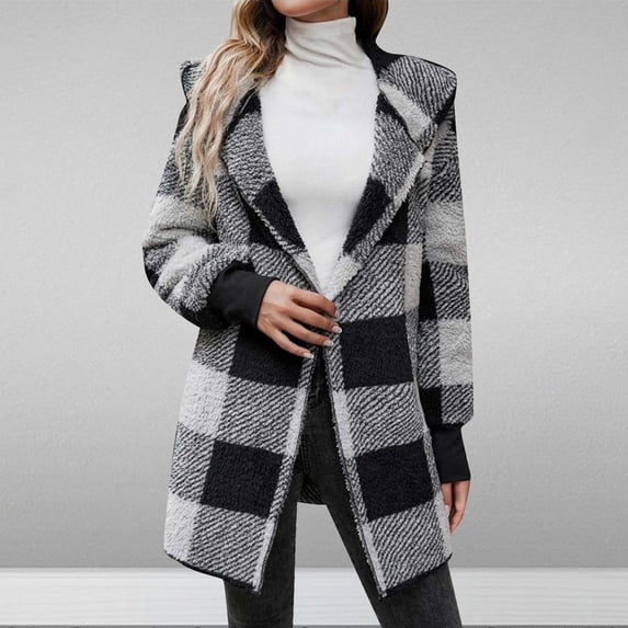 Karight Womens Winter Coats Warm Plush Hooded Jackets Zip Up Button Cardigan Trendy Plaid Fleece Fuzzy Outerwear