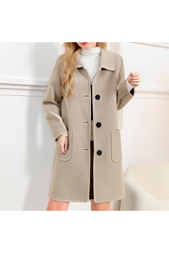 Womens Winter Overcoat Long Sleeve Lapel Neck Single Breasted Coats Elegant Mid-Length Solid Color Outwear with Pockets