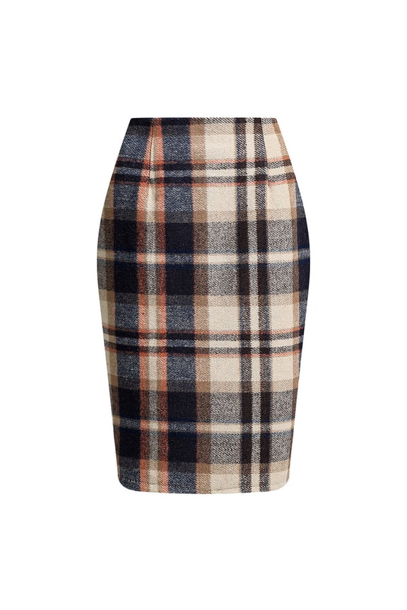 Womens Wool Plaid Pencil Skirt Fall Winter High Waisted Slit Bodycon Knee Length Midi Skirt