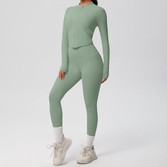 Karight Womens Workout Sets 2 Piece Seamless Yoga Outfits Long Sleeve Zipper Jacket High Waist Leggings Butt Lifting Gym Set