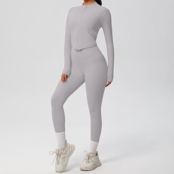 Karight Womens Workout Sets 2 Piece Seamless Yoga Outfits Long Sleeve Zipper Jacket High Waist Leggings Butt Lifting Gym Set