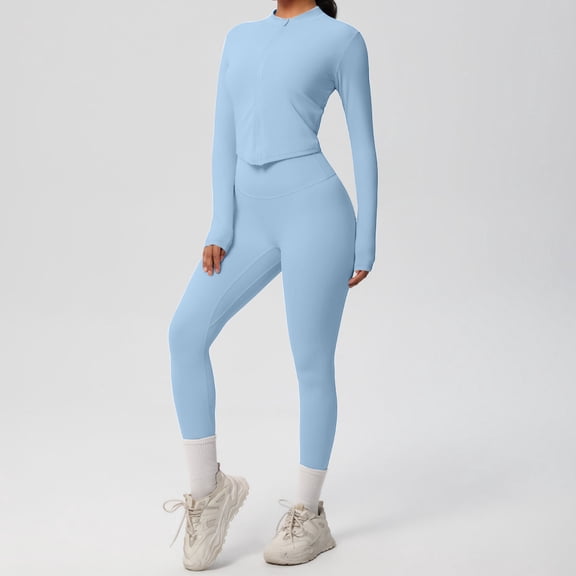 Karight Womens Workout Sets 2 Piece Seamless Yoga Outfits Long Sleeve Zipper Jacket High Waist Leggings Butt Lifting Gym Set