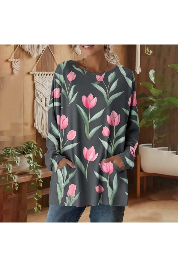 Womens Zebra Stripe Print Long Sleeve Tunic Top Crew Neck Casual Shirt with Side Pockets