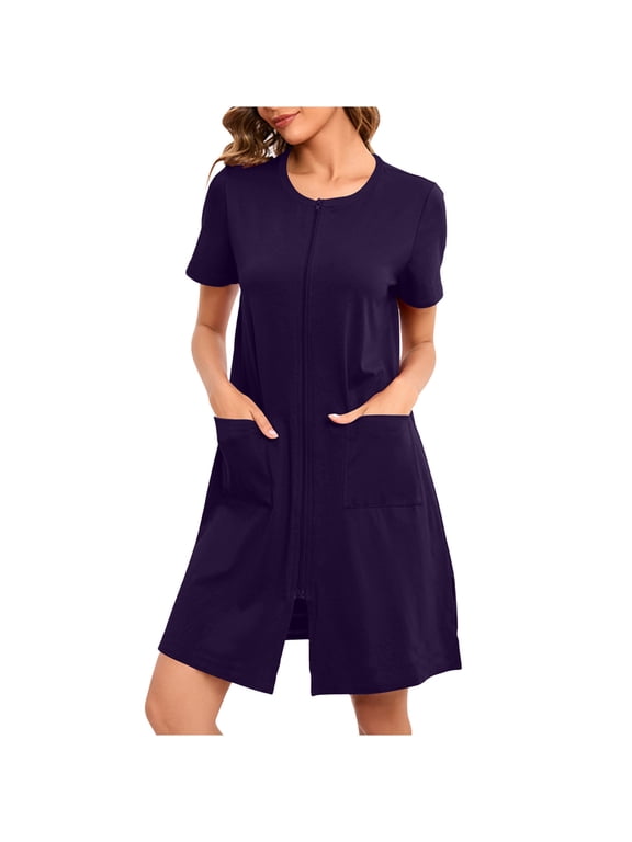 Womens Zipper Front House Dress Short Sleeves Zip Up Bathrobes Lightweight Knee Length Short Housecoat Loungewear