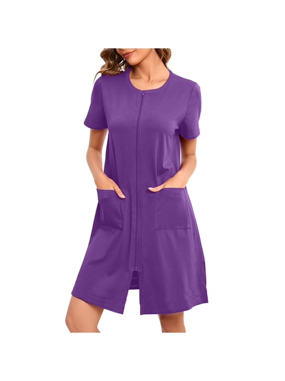 Womens Zipper Front House Dress Short Sleeves Zip Up Bathrobes Lightweight Knee Length Short Housecoat Loungewear