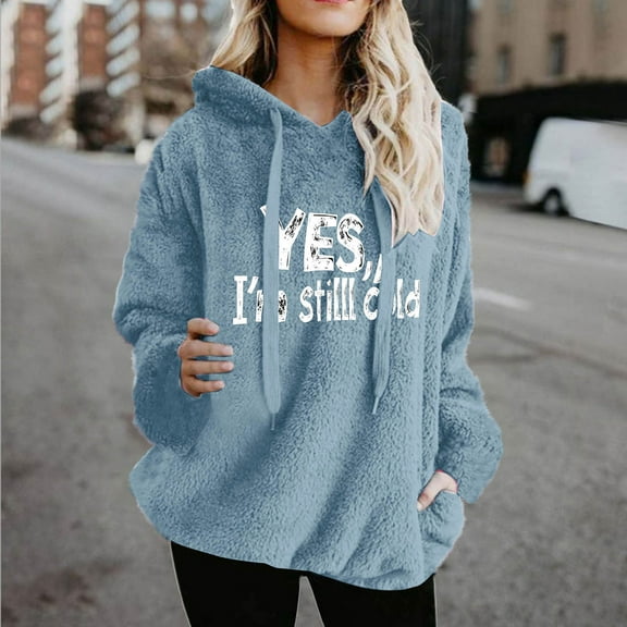 Karight Yes I'm Still Cold Sweatshirt Women Fuzzy Fleece Pullover Winter Warm Crewneck Sweaters Fur Faux Fluffy Coat Outwear