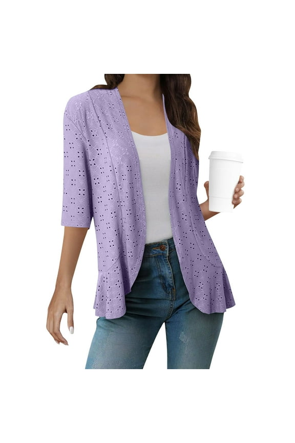ightweight Summer Cardigan for Women Spring Netted Knit Ruffle Half Sleeve Kimono Cover Ups