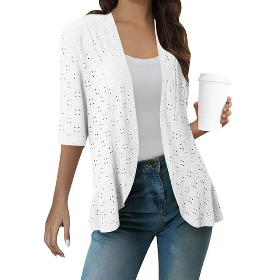 Karight ightweight Summer Cardigan for Women Spring Netted Knit Ruffle Half Sleeve Kimono Cover Ups
