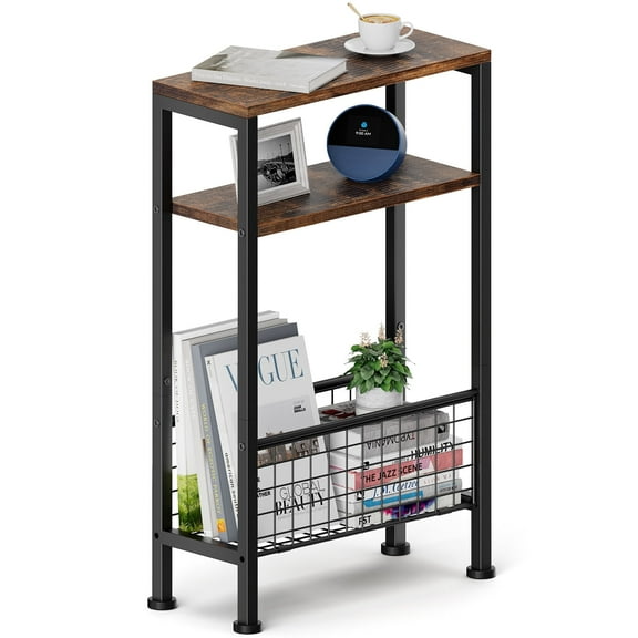 Karii Narrow Side Table, Skinny End Table for Small Spaces with Storage, 3-Tier Slim Wooden Bedside Nightstand Thin Couch Table for Living Room Bedroom Office Dorm Kitchen Bathroom (Rustic Brown)
