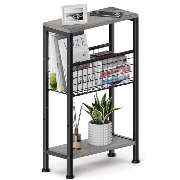 Karii Narrow Side Table, Skinny End Table for Small Spaces with Storage, 3-Tier Slim Wooden Bedside Nightstand Thin Couch Table for Living Room Bedroom Office Dorm Kitchen Bathroom (Gray)