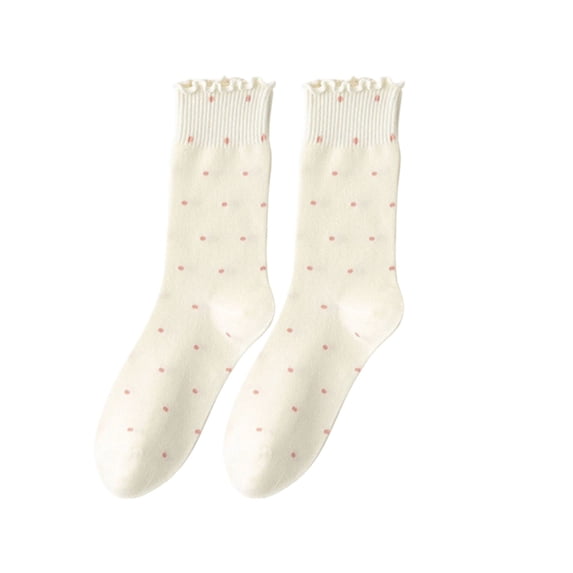 Karimi Ankle Socks Ruffled Cuff Polka Dot Crew Socks, Ribbed Cotton Mid Calf Socks, Sweet Vintage Stackable Slouch Socks Grip Socks
