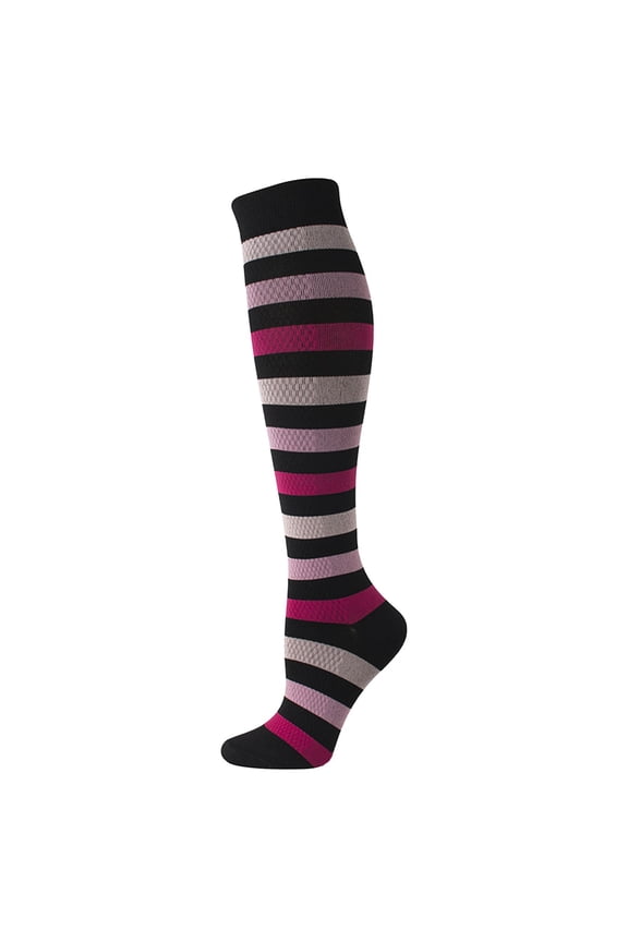 Karimi No Show Socks Unisex Striped Knee High Compression Socks, Colorful Rainbow Horizontal Stripe Long Socks, Stretch Knit Calf Socks Ankle Socks