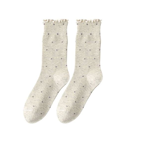 Karimi Pilates Socks Ruffled Cuff Polka Dot Crew Socks, Ribbed Cotton Mid Calf Socks, Sweet Vintage Stackable Slouch Socks Womens Socks