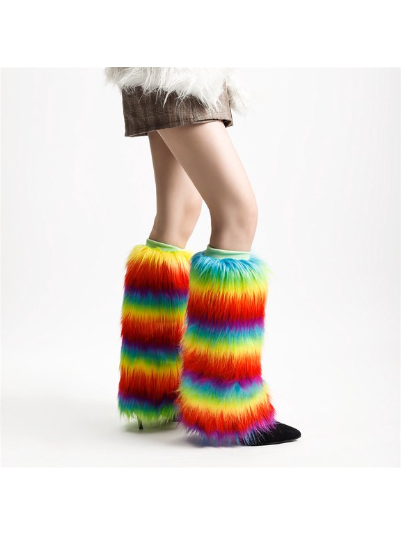 Karimi Rainbow Faux Fur Leg Warmers, Colorful Fluffy Mid‑Calf Boot Cuffs, Soft Plush Decorative Leg Socks for Party & Daily Dress‑Up