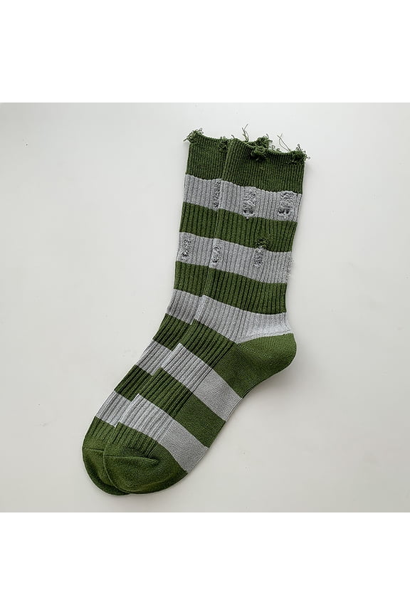 Karimi Ruffle Socks Distressed Ripped Striped Crew Socks, Wide Stripe Mid Calf Cotton Socks, Retro Y2K Destroyed Casual Stackable Leg Socks No Show Socks