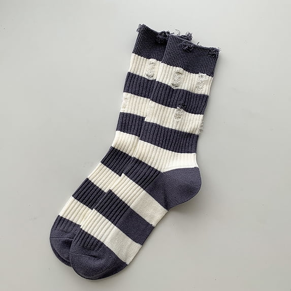 Karimi White Socks Distressed Ripped Striped Crew Socks, Wide Stripe Mid Calf Cotton Socks, Retro Y2K Destroyed Casual Stackable Leg Socks Ankle Socks