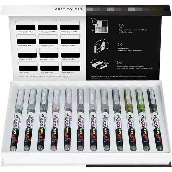 Karin Pigment Decobrush Markers - Set of 12, Grey Colors