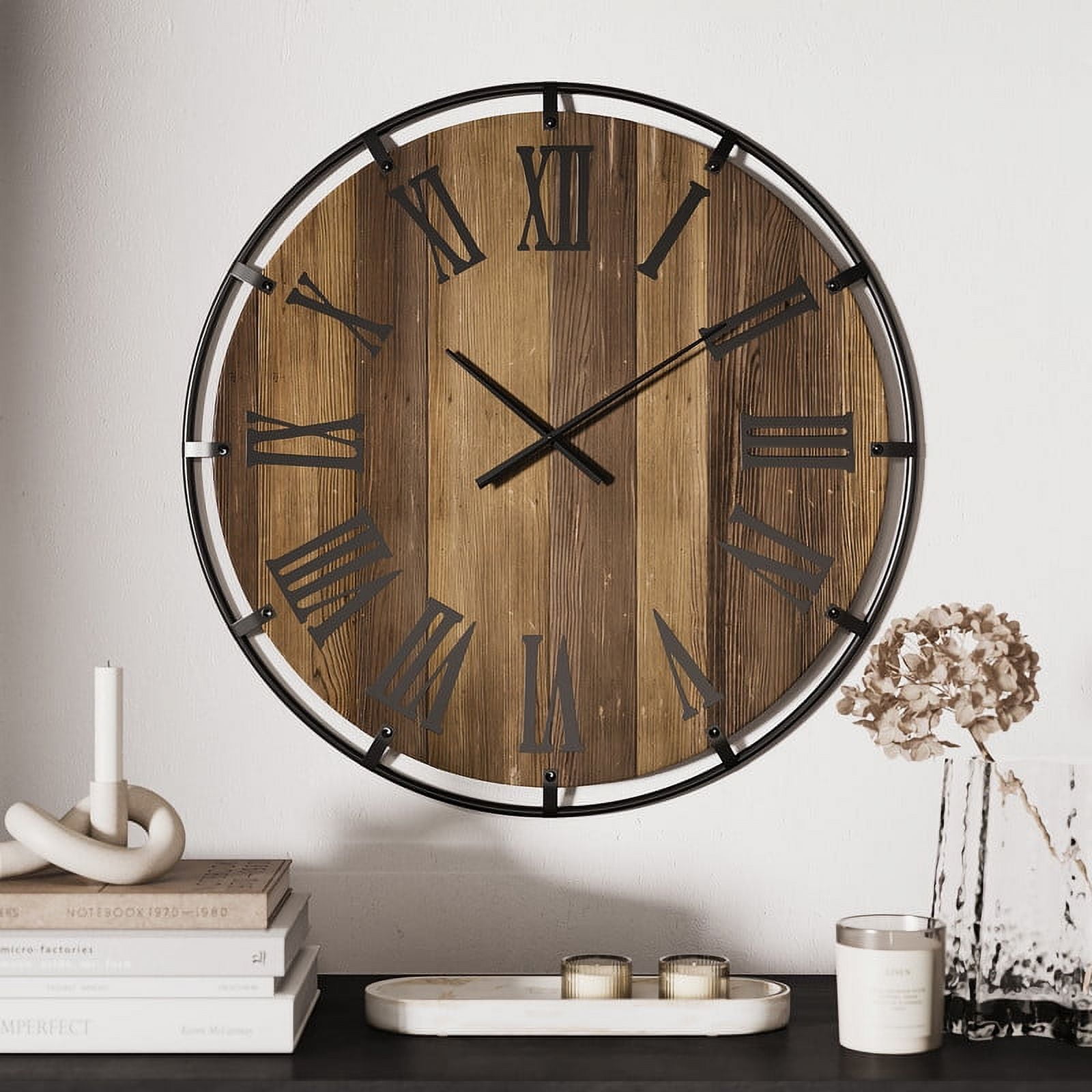 Karina Farmhouse Two-Tone Brown Shiplap Wood Roman Numeral Wall Clock