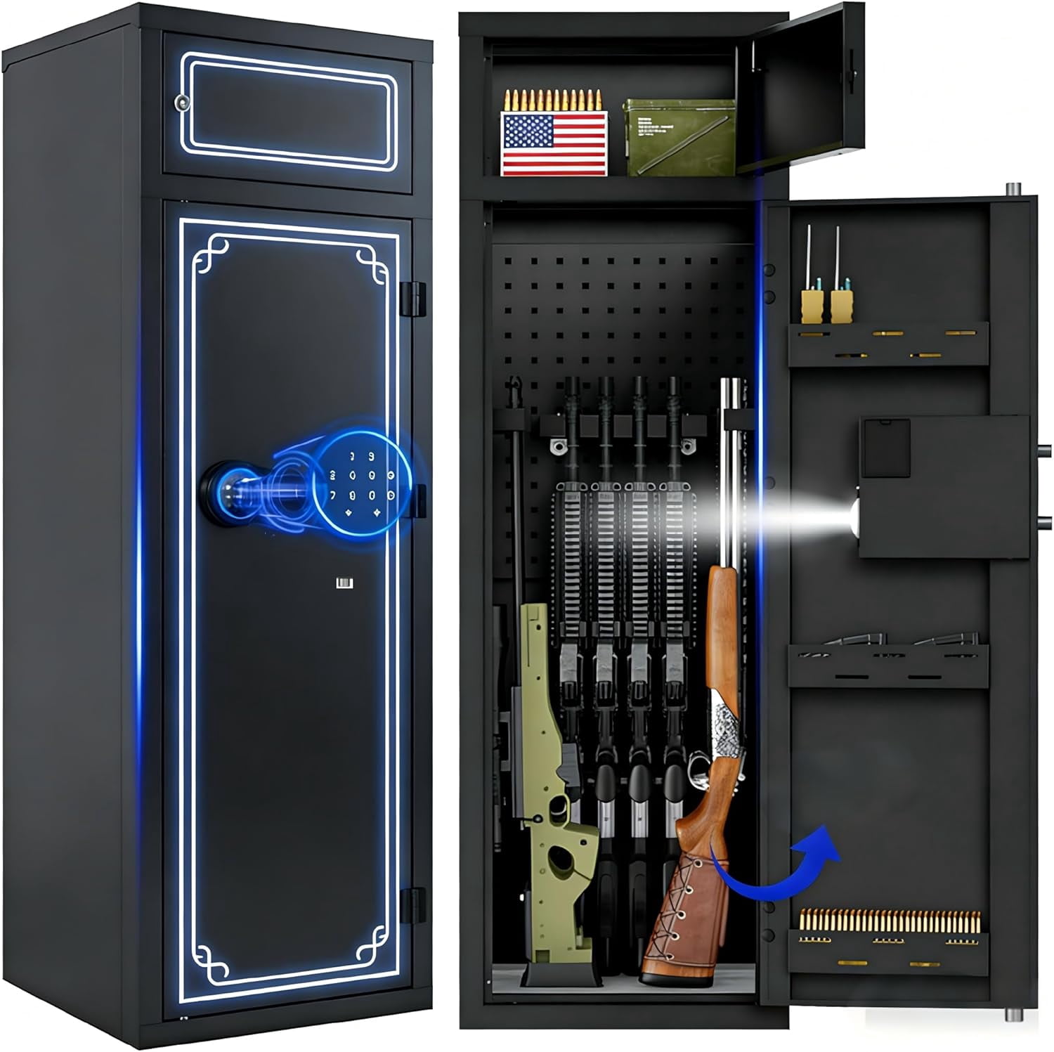 Karini 10-14 Gun Safe for Rifles and Pistols Long  Safe with Silver Print Electronic Combination Lock & Separate Storage 3 Removable Shelves 180° Door for Garage Bedroom & Shooting Club (Black)