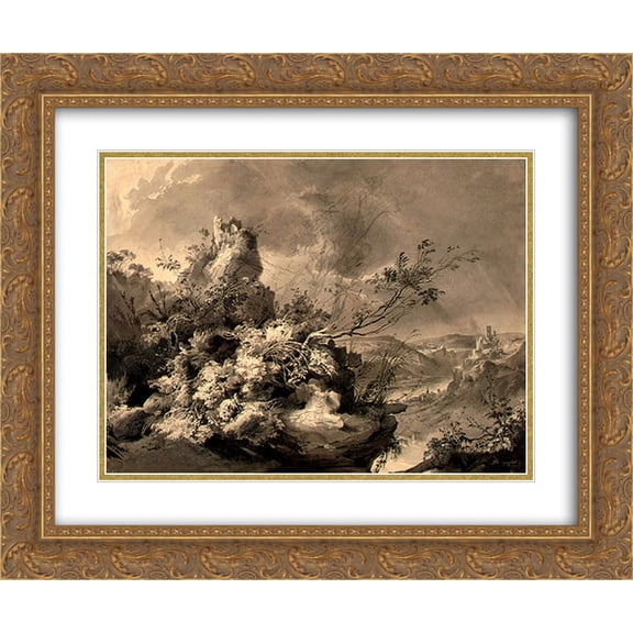 Karl Bodmer 2x Matted 24x20 Gold Ornate Framed Art Print 'Ruined Towers Overlooking the Rhine'
