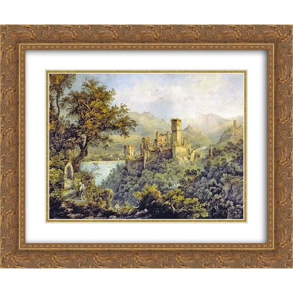 Karl Bodmer 2x Matted 24x20 Gold Ornate Framed Art Print 'Stolzenfels Castle, in the background Lahneck Castle'