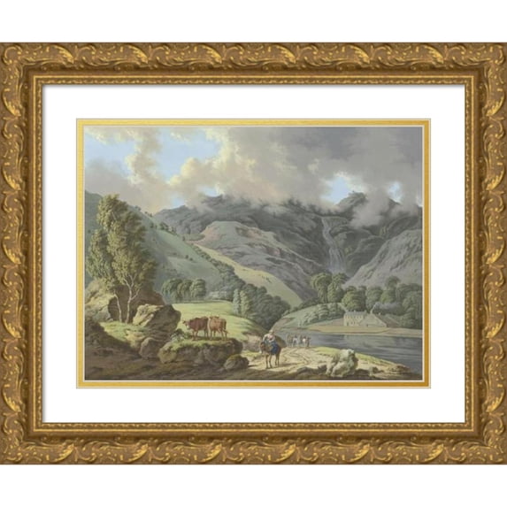 Karl Franz Kraul 24x19 Gold Ornate Framed and Double Matted Museum Art Print Titled - Berging Landscape with a Waterfall and River in the Foreground