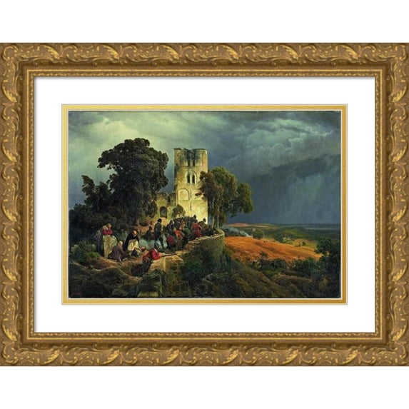 Karl Friedrich Lessing 18x13 Gold Ornate Wood Frame and Double Matted Museum Art Print Titled - The Siege (Defense of a Church Courtyard During the Thirty Years’ War) (1848)
