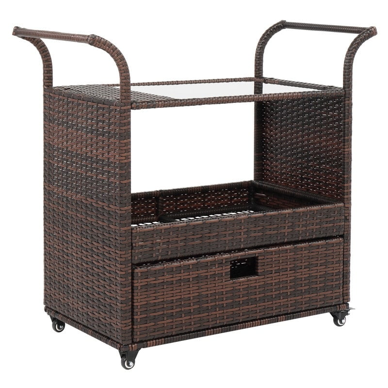 Multi-Brown Wicker and Iron Indoor Bar Cart with Storage