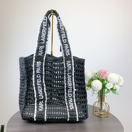 Karl Lagerfeld LH3AL2DF ANTIBES STRAW LOGO STRAP TOTE IN BLACK