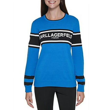 Karl Lagerfeld Paris STRONG BLUE Women's Stripe Logo Varsity Sweater, US X-Small