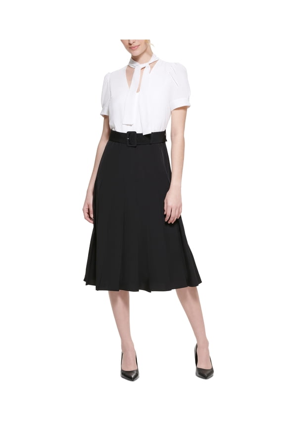 Tie Neck A Line Midi Dress Soft Whiteblack 2