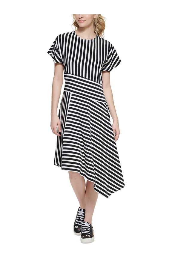 Womens Asymmetric Hem Midi Fit & Flare Dress