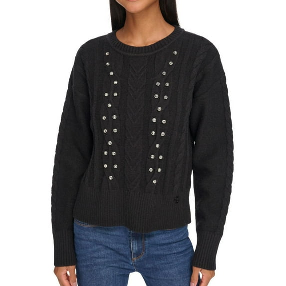 Karl Lagerfeld Womens Cable Knit Embellished Pullover Sweater, Black, X-Large