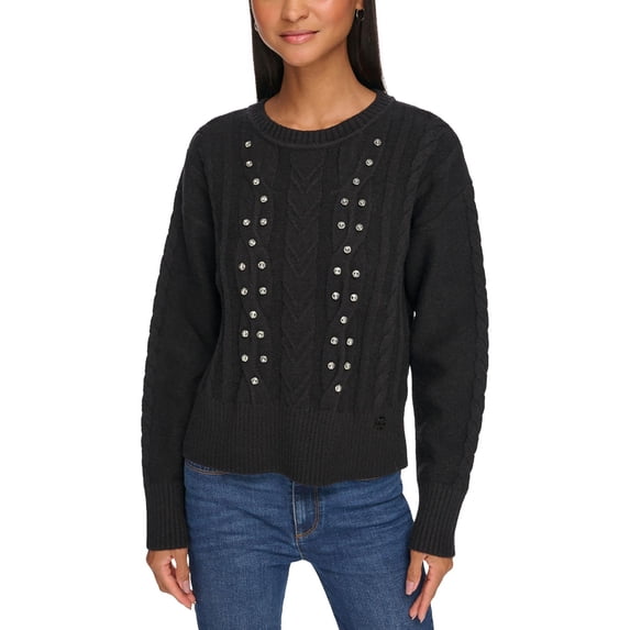 Karl Lagerfeld Paris Womens Embellished Cable Knit Pullover Sweater