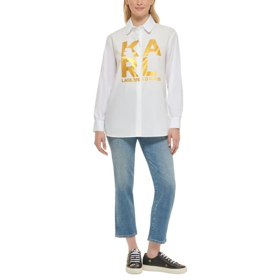 Karl Lagerfeld Paris Womens Cotton Gold Logo Button Up Shirt Soft White L