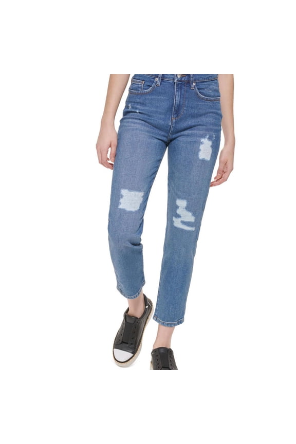 Karl Lagerfeld Womens Distressed Straight Leg Jeans, Blue, 12