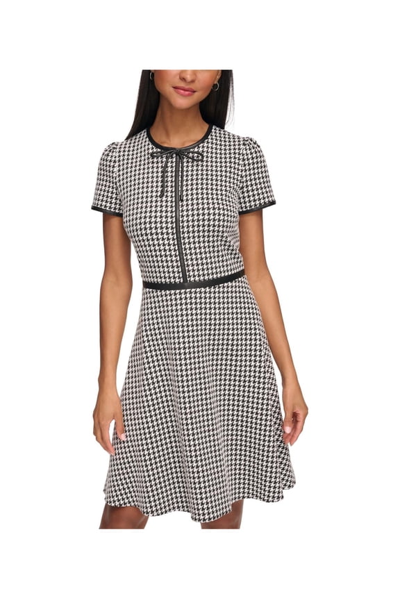 Womens Houndstooth Bow Neck Mini Dress