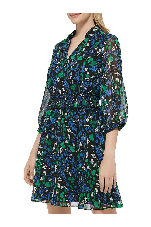 Women's V-Neck Printed A-Line Dress Black Multi 14