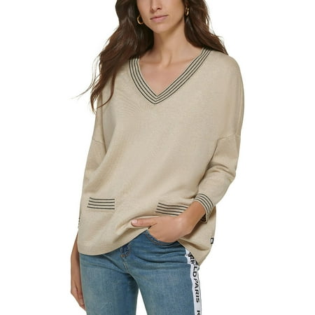 Karl Lagerfeld Paris Womens 3/4 Sleeve V Neck Sweater Heather Gold XL