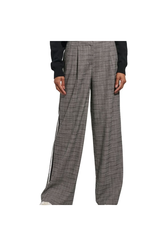 Karl Lagerfeld Womens Plaid Side Stripe Wide Casual Trouser Pants, Grey, 12