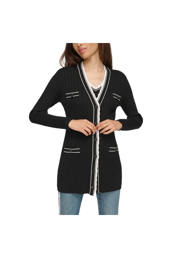 Karl Lagerfeld Womens Lace-Trim Cardigan Sweater, Black, Medium