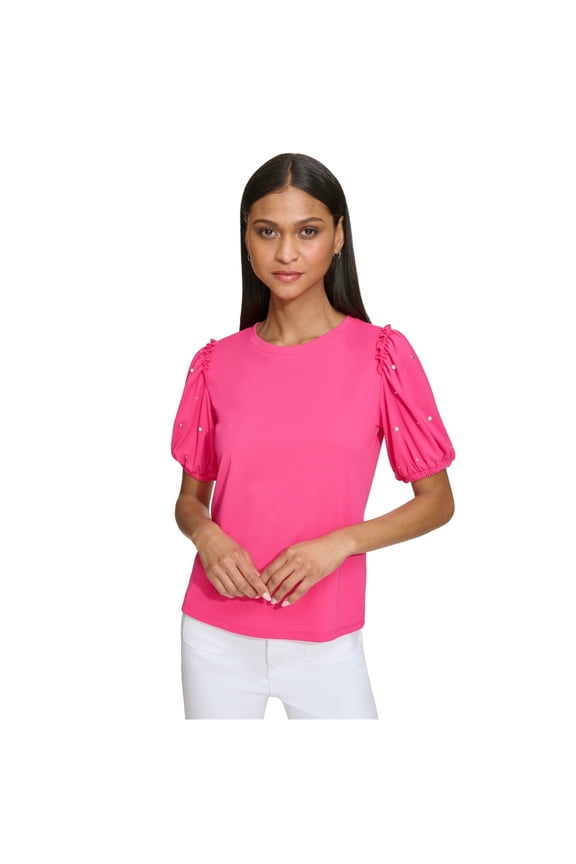 Karl Lagerfeld Womens Embellished-Sleeve Tunic Blouse, Pink, X-Small