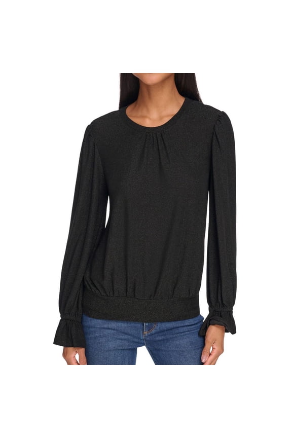 Karl Lagerfeld Womens Ruffled Cuff Pullover Blouse, Black, Small