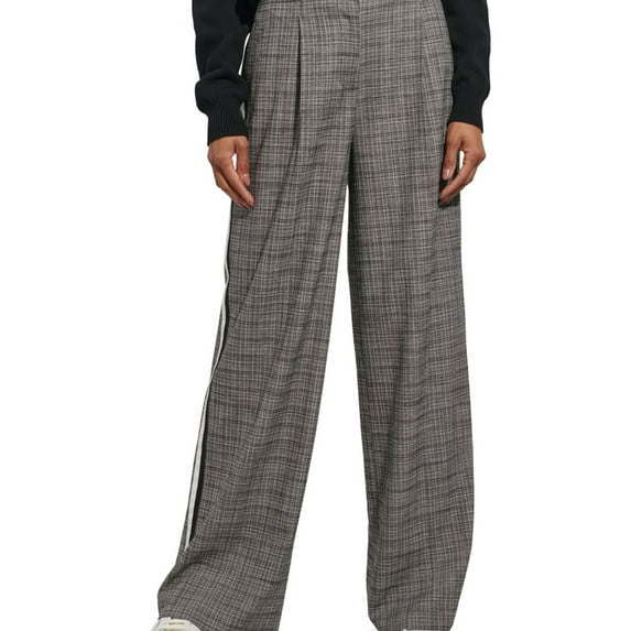 Karl Lagerfeld Womens Plaid Side Stripe Wide Casual Trouser Pants, Grey, 6