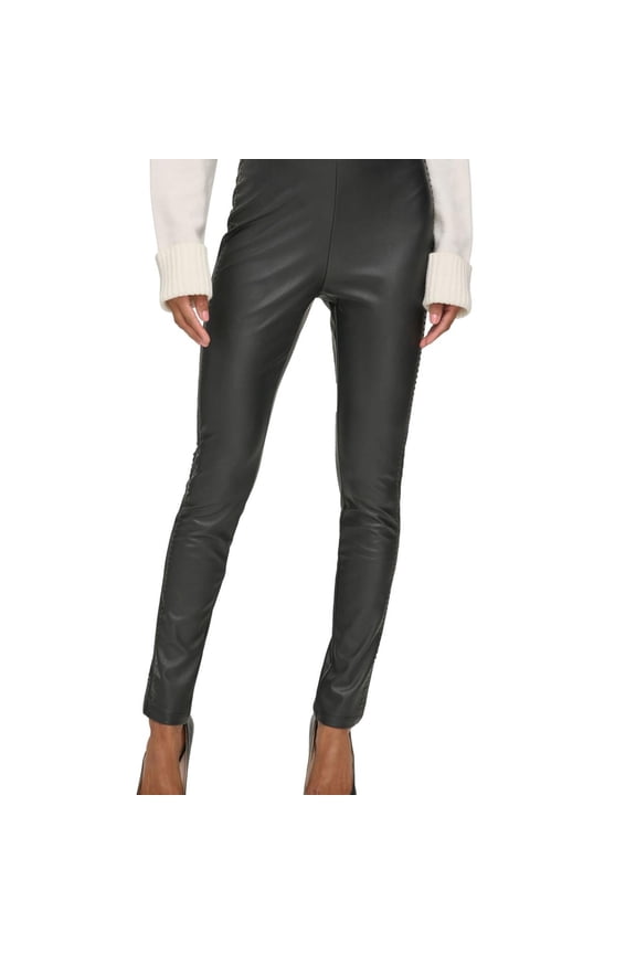 Karl Lagerfeld Womens Studded Faux-Leather Casual Jogger Pants, Black, 14