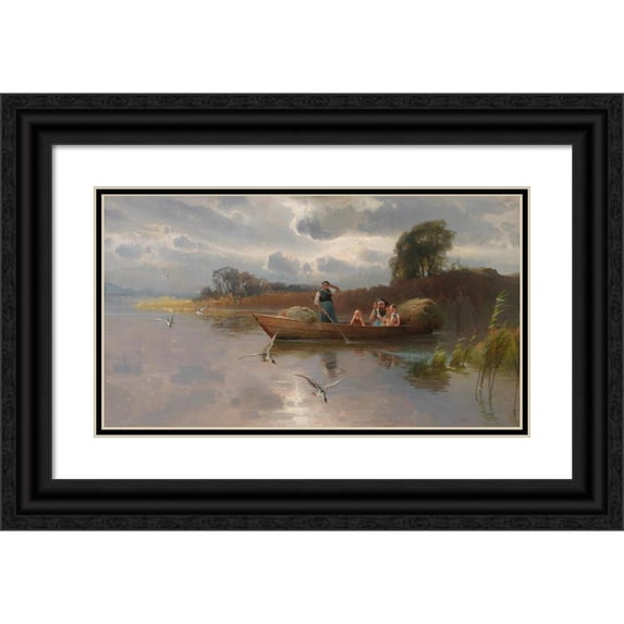 Karl Raupp 18x12 Black Ornate Wood Framed Double Matted Museum Art Print Titled - Hay Boat on Lake Chiemsee