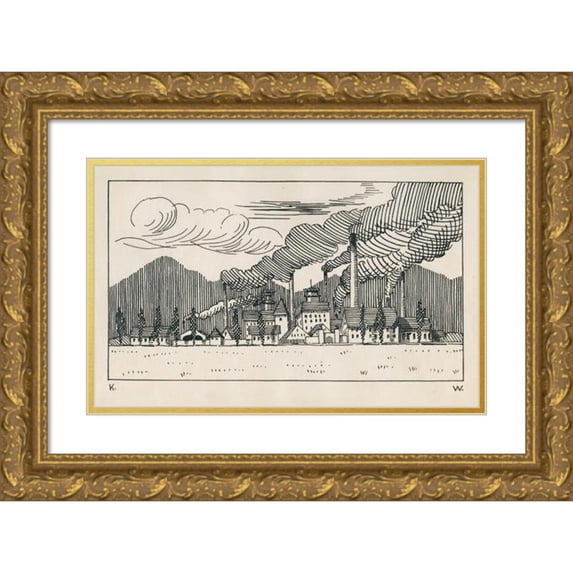Karl Wiener 18x13 Gold Ornate Wood Frame and Double Matted Museum Art Print Titled - Without a Title (Factory with Smoking Chimney) (Around 1920)