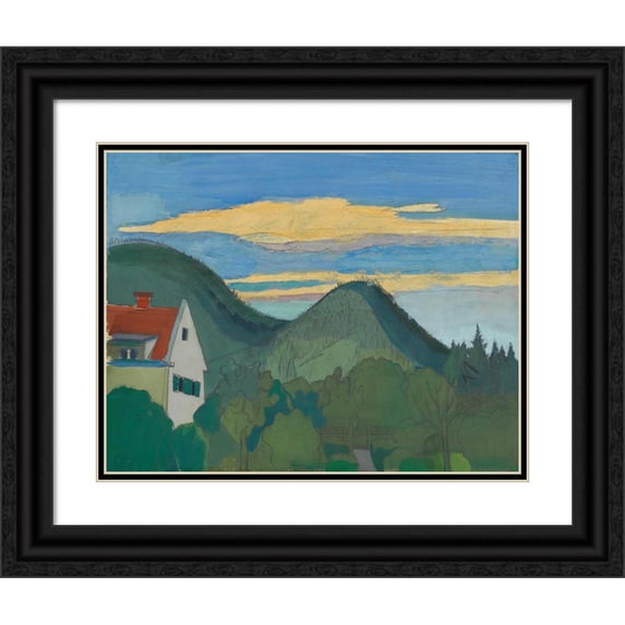 Karl Wiener 18x15 Black Ornate Wood Framed Double Matted Museum Art Print Titled - Haus in Waldlandschaft (Around 1943)