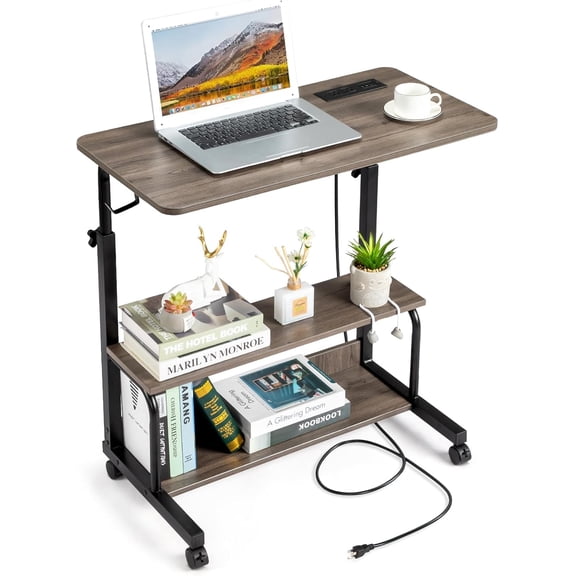 Karl home 31.5" Portable Rolling Desk on Wheels,Height Adjustable Standing Desk with 2 Outlets/3 USB Ports,Mobile Laptop Table with Hooks and Storage Shelves for Home Office,Grey Oak