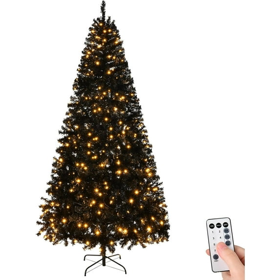 Karl home 8FT Prelit Black Artificial Christmas Tree with 550 Warm Lights, Remove Contral 8 Light Modes, 1450 PVC Branch Full Christmas Tree for Home, Office, Party Holiday, Foldable Base